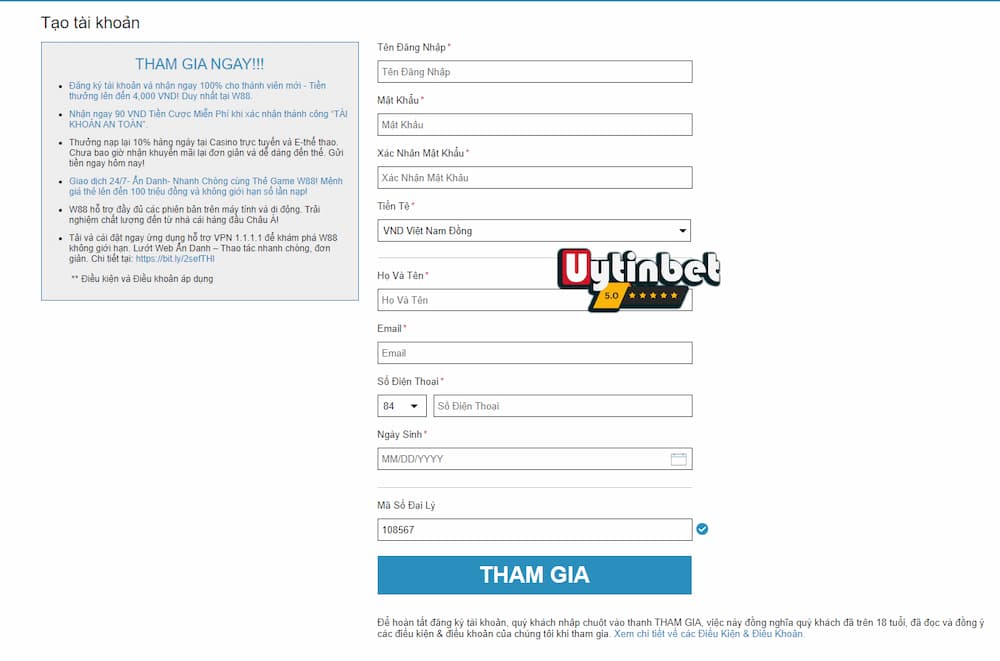 Cách đăng ký tài khoản nhà cái W88