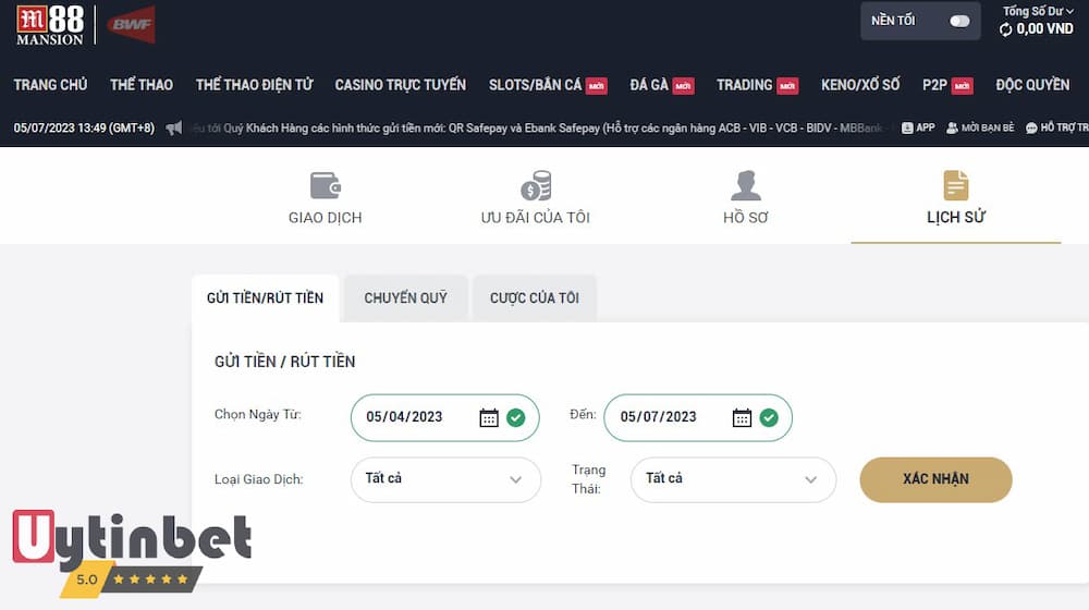 Kiểm tra lịch sử rút tiền thành công tại M88