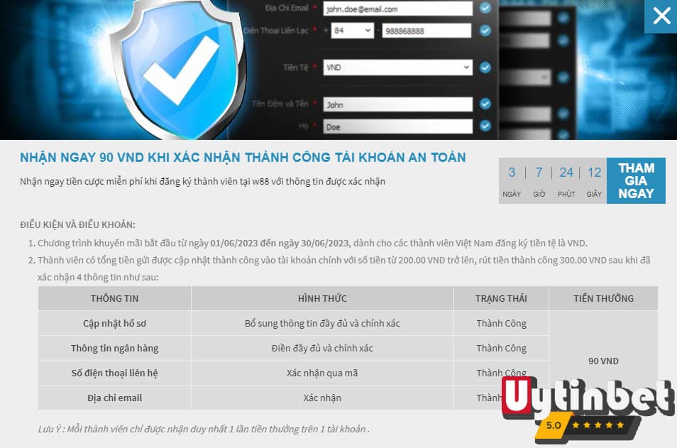 Khuyến mãi thưởng 90K miễn phí cho thành viên mới W88