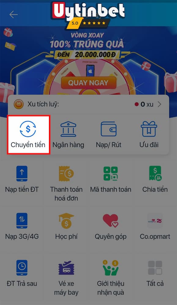 Thao tác nạp tiền vào nhà cái qua zalo pay