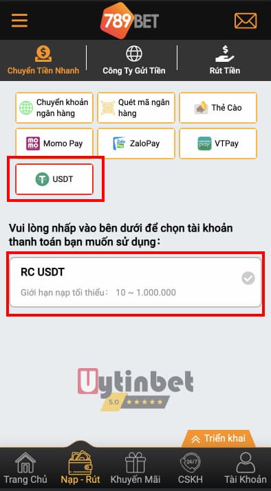 Npaj tiền 789BET qua ví MOMO